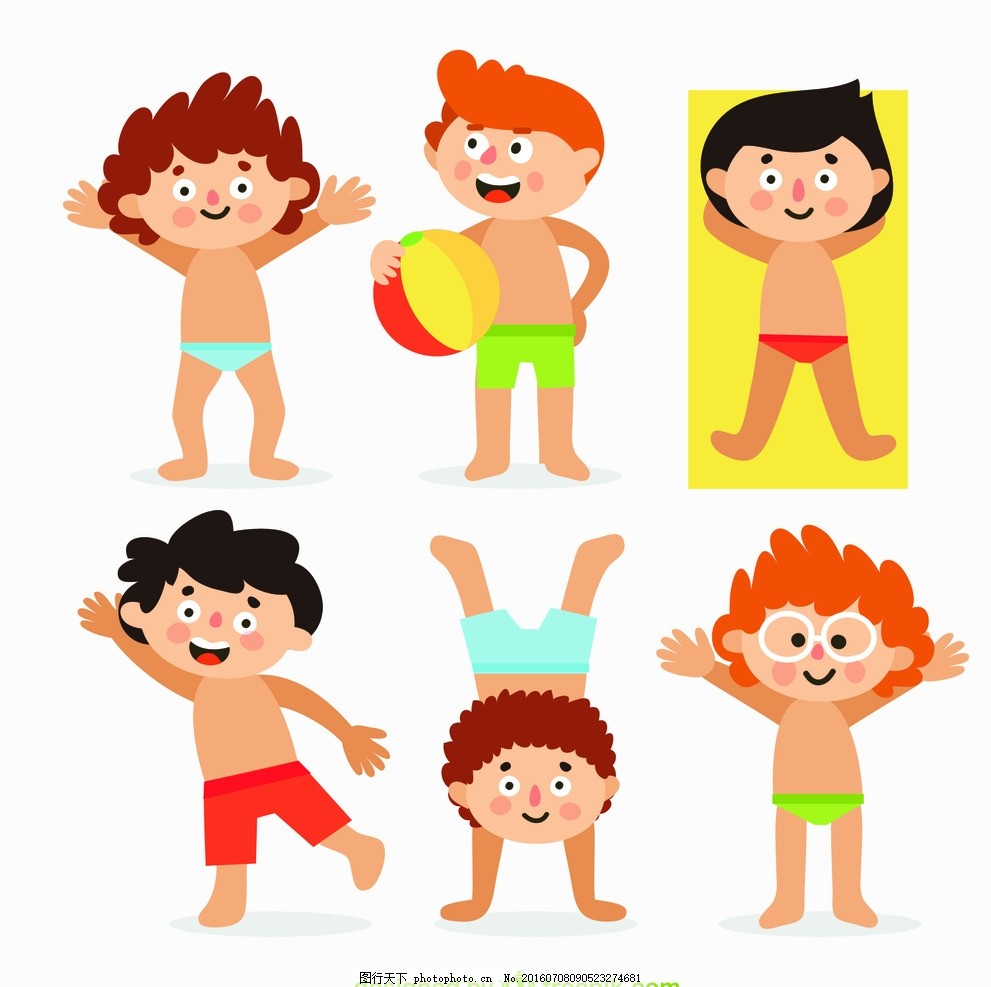 穿泳裤的夏季男孩 卡通人物 球 运动 矢量素材 穿泳裤男孩 广告设计