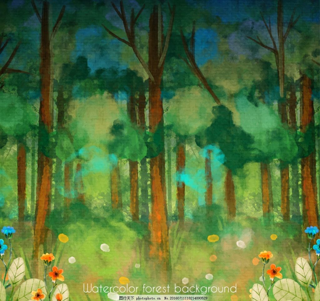 手绘水粉森林树林丛林海报背景