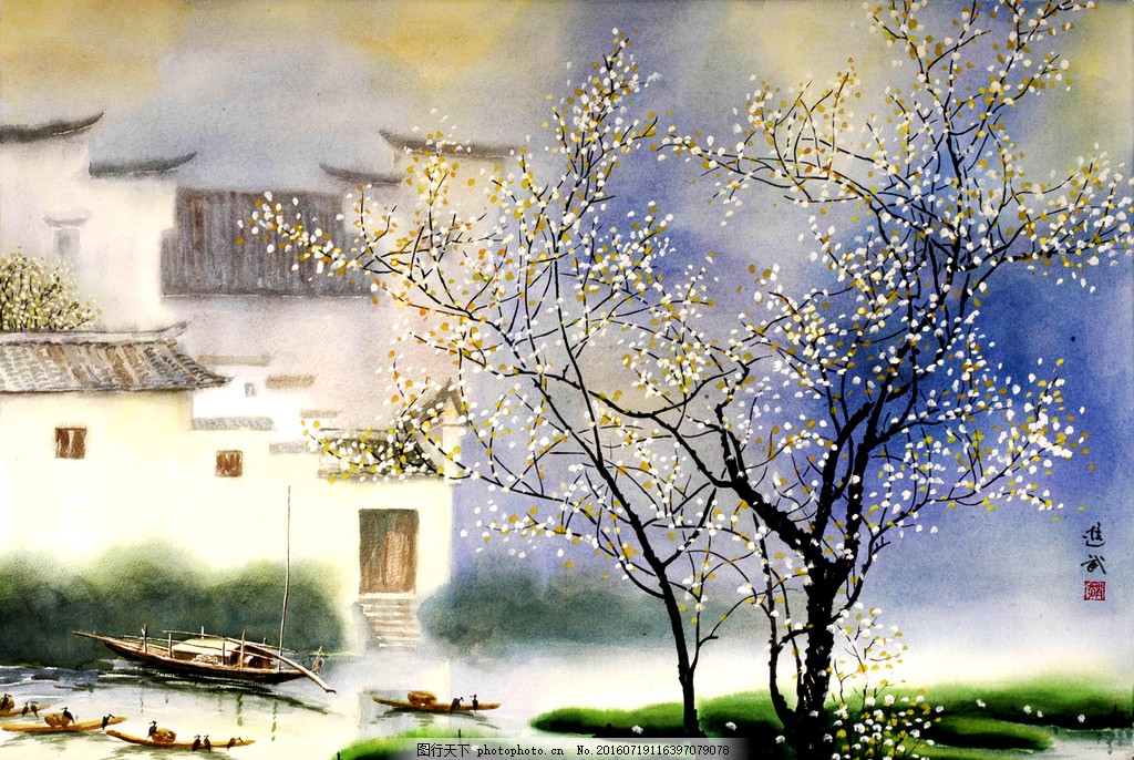 江南春水彩画艺术 水彩画 装饰画 江南风景 江南水乡 美术