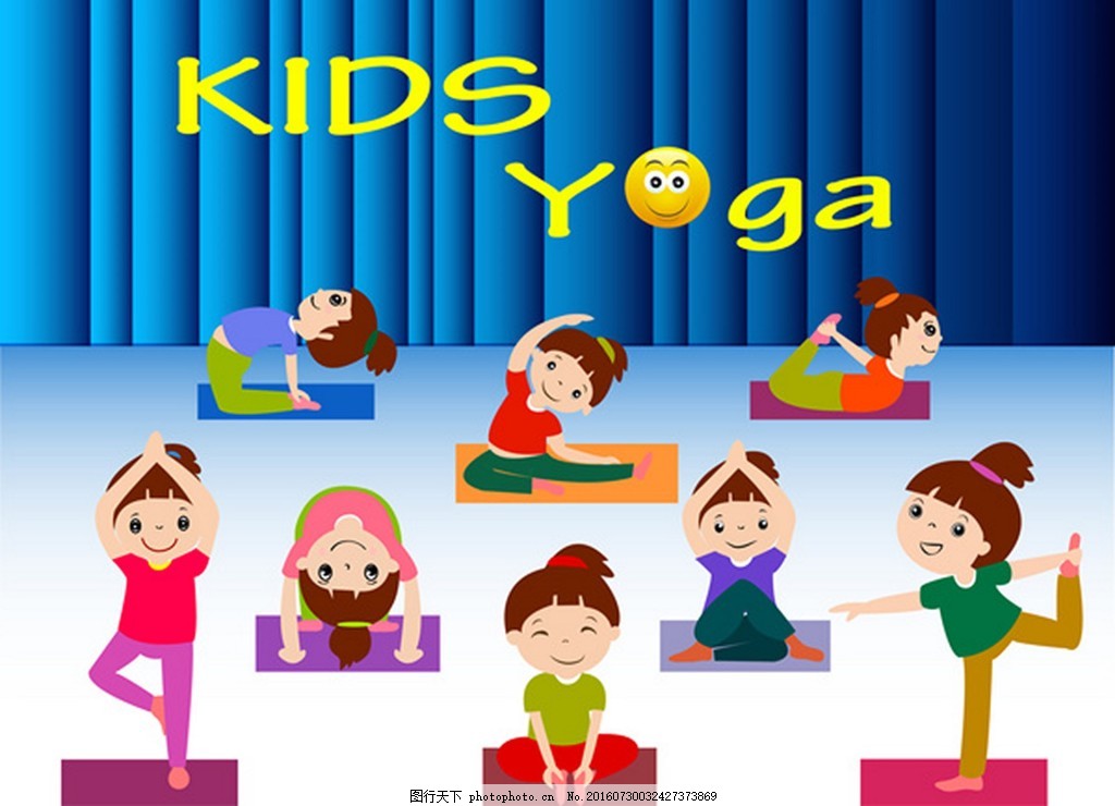 儿童瑜伽矢量插图与各种姿势