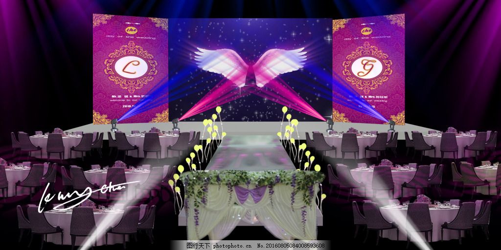 婚礼现场效果图 紫色 婚礼        喷绘 大屏幕 t台 花亭 龙珠灯
