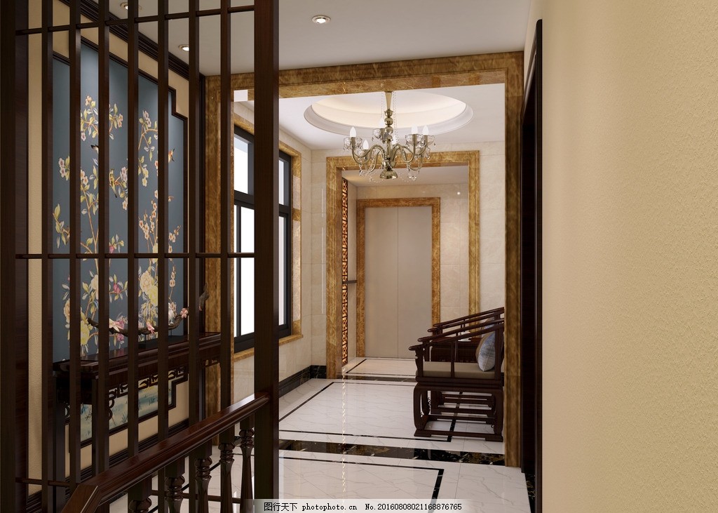 新中式电梯厅装修效果图 新中式 风格 电梯厅 装修        设计 3d