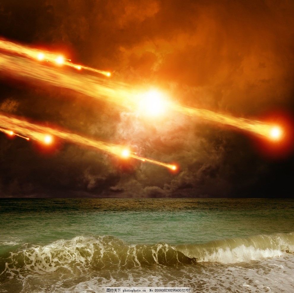 陨石坠落,火光 海水 火云-图行天下图库
