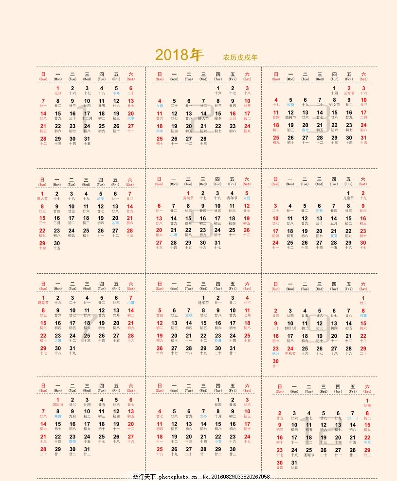 手绘植物花朵2018年日历