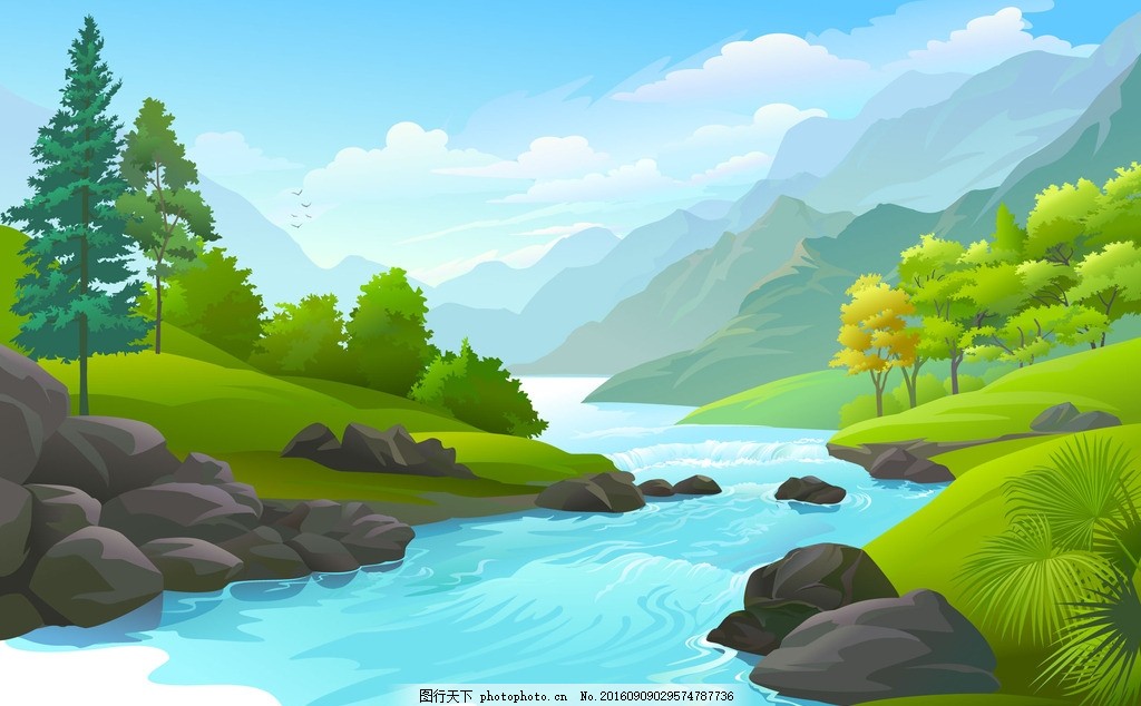 卡通山川河流,卡通风景 松树 草地 鲜花 花草-图行天下图库